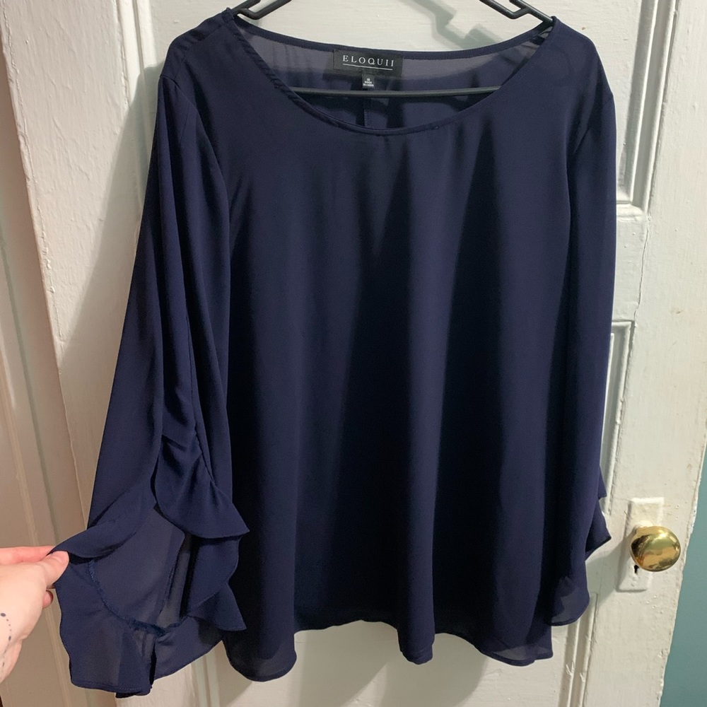 ELOQUII Navy top with ruffle bell sleeve